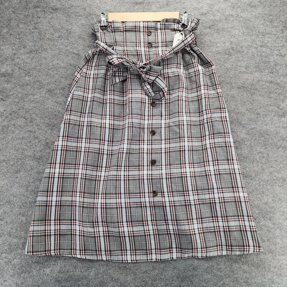 GRL Skirt Womens Medium Midi Button Front Gray Plaid